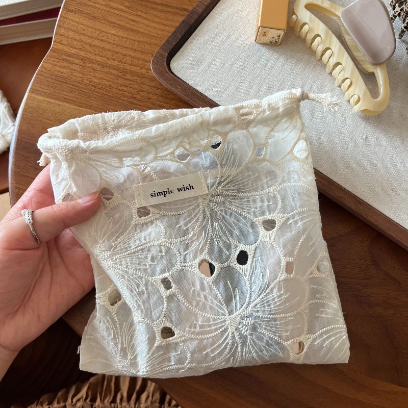 Lace Jacquard Cotton Makeup Bag Jewelry Storage Vintage Organizer Gift Bohemian Apricot Embroidered Drawstring Pouch