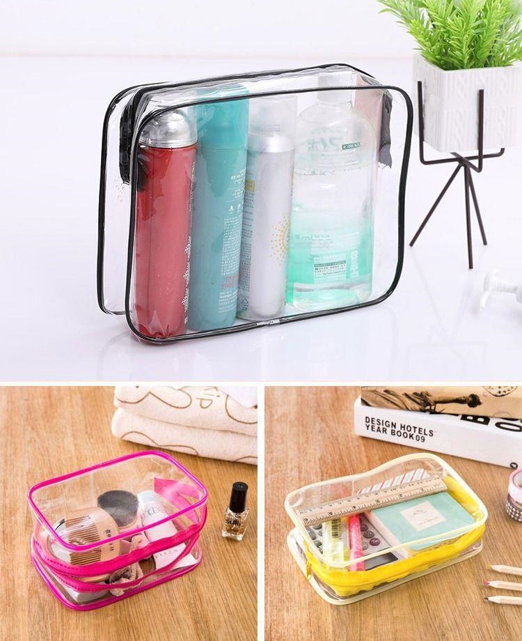 Stocked Clear PVC Plastic Makeup Bag with Customized Logo Waterproof Durable Travel Cosmetic Bag Fashion Style Zipper Closure