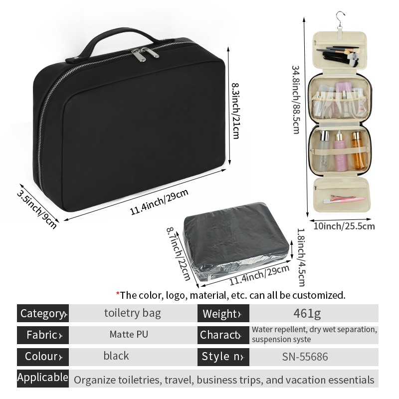 Custom Wholesale PU Leather Waterproof Light Weight Travel Hanging Toiletry Makeup Bags for Men &amp; Women