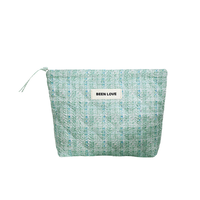 Quilted Cotton Cosmetic Bag Handle Organic Cotton Makeup Pouch Multi-Function Vanity Case Featuring Thread Pattern PU