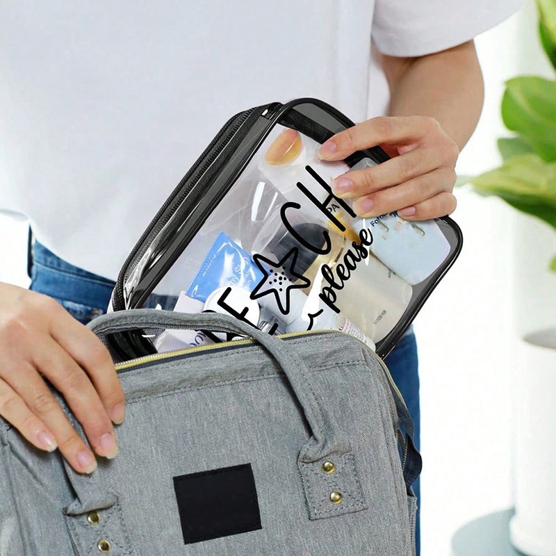 Beach Print Clear Pvc Cosmetic Bag Waterproof Transparent Makeup Pouch Multi-Purpose Travel Organizer Bag Summer Use
