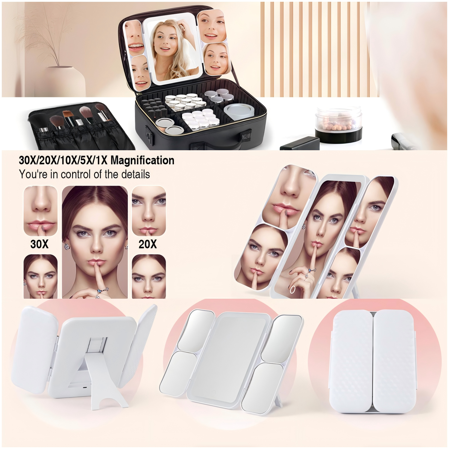Professional Artist Barber Train Case Adjustable Compartment Lighted LED Zipper Closure Cosmetic Makeup Bag PU Waterproof Large