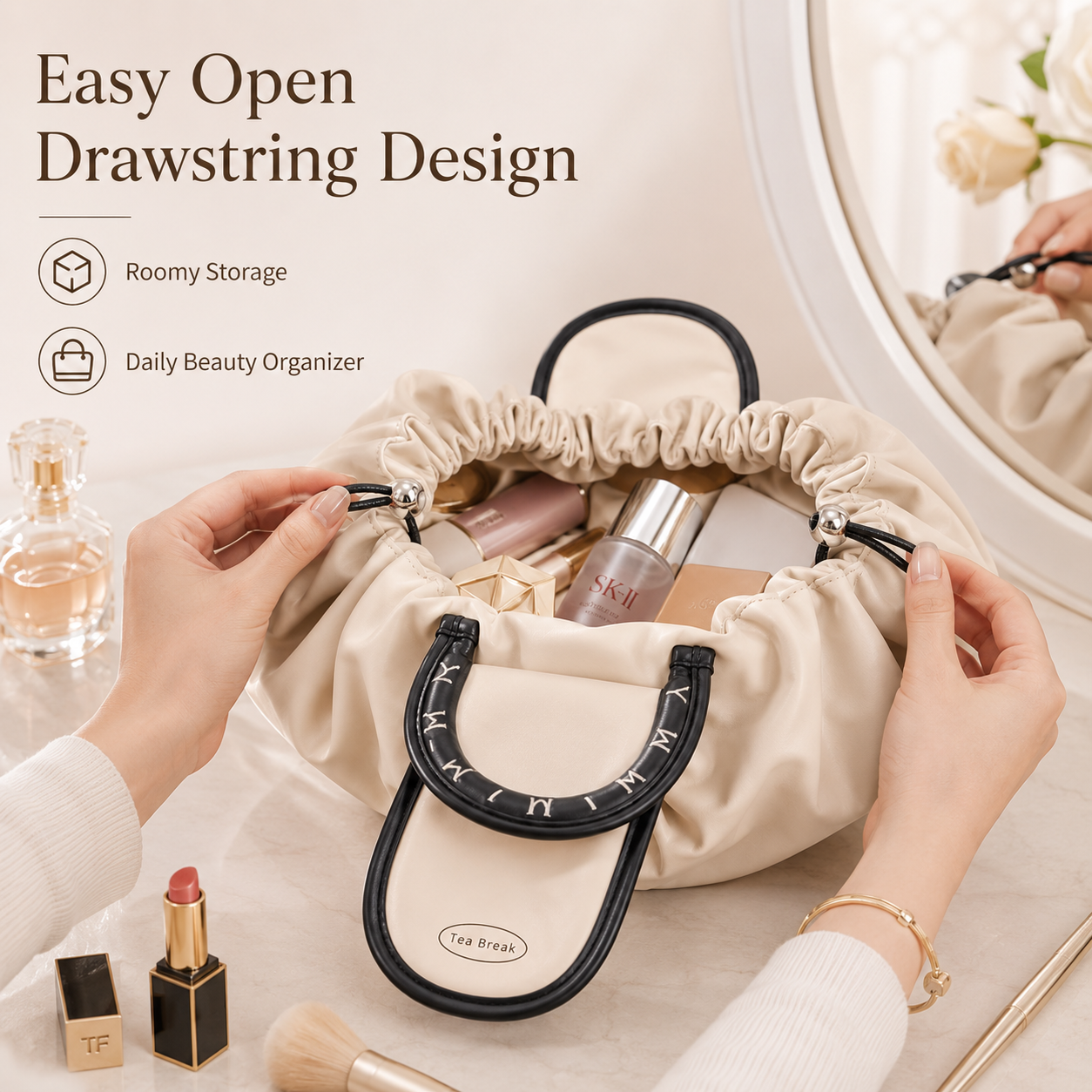 High Quality Women's Large Capacity Lazy Makeup Bag with Tiled Rope New Travel Storage Wash Bag Cosmetics Mini Makeup Pouch