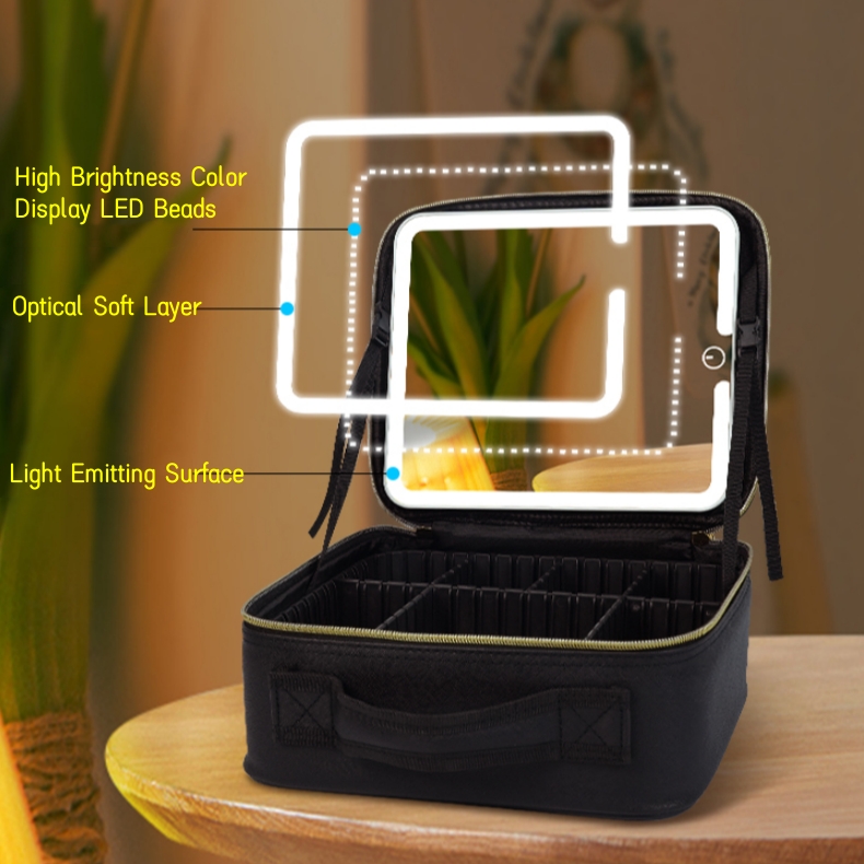 Portable Makeup Travel Bag Makeup Boxes with Zipper and LED Light Mirror for Cosmetic Use