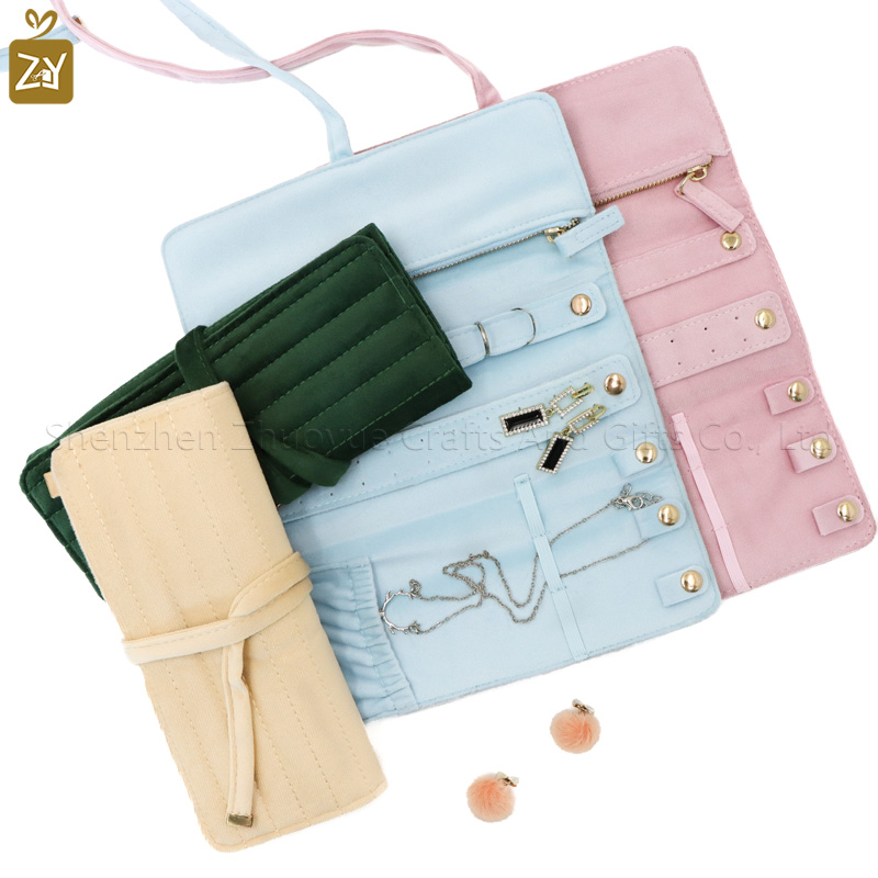 Premium Exquisite Velvet Jewelry Organizer Soft Roll-Up Cosmetic Bag With Metal Zipper Promotional Tote Bags With Custom Logo