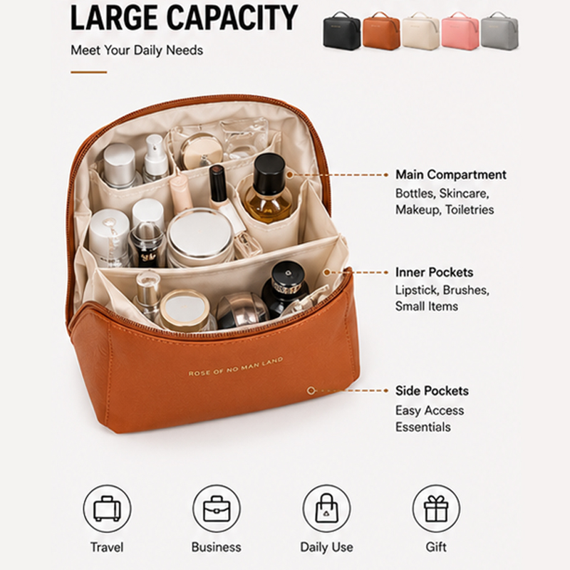 Custom Logo PU Leather Cosmetic Bag With Zipper Closure Eco-Friendly And Durable Pillow Makeup Case With Handle Fashion Style