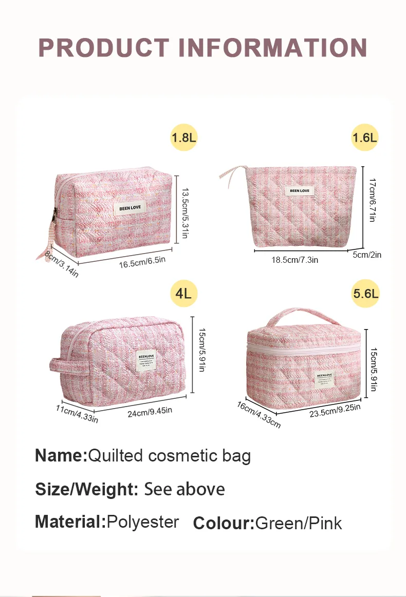 Quilted Cotton Cosmetic Bag Handle Organic Cotton Makeup Pouch Multi-Function Vanity Case Featuring Thread Pattern PU