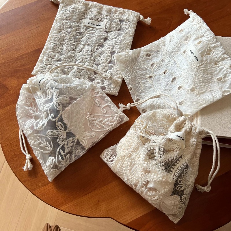 Lace Jacquard Cotton Makeup Bag Jewelry Storage Vintage Organizer Gift Bohemian Apricot Embroidered Drawstring Pouch