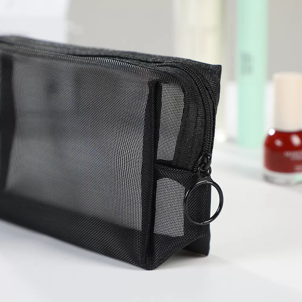 Low MOQ Large Black Nylon Mesh Makeup Bag Travel Kits Pouch Makeup Set Beauty Accessories Zipper Pouch Cosmetic Wash Bag
