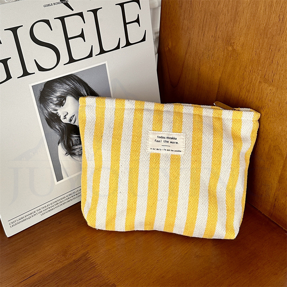 Custom Logo Large Personalized Canvas Striped Herringbone Cotton Makeup Bags Luxury Travel Cosmetics Pouch Bags For Women