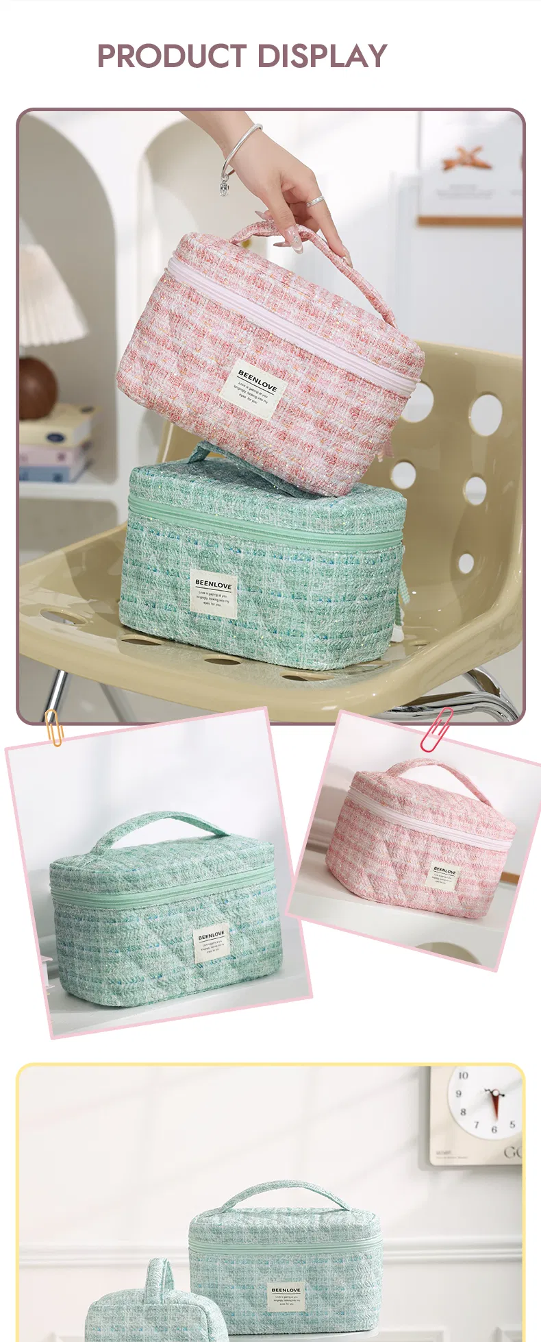 Quilted Cotton Cosmetic Bag Handle Organic Cotton Makeup Pouch Multi-Function Vanity Case Featuring Thread Pattern PU