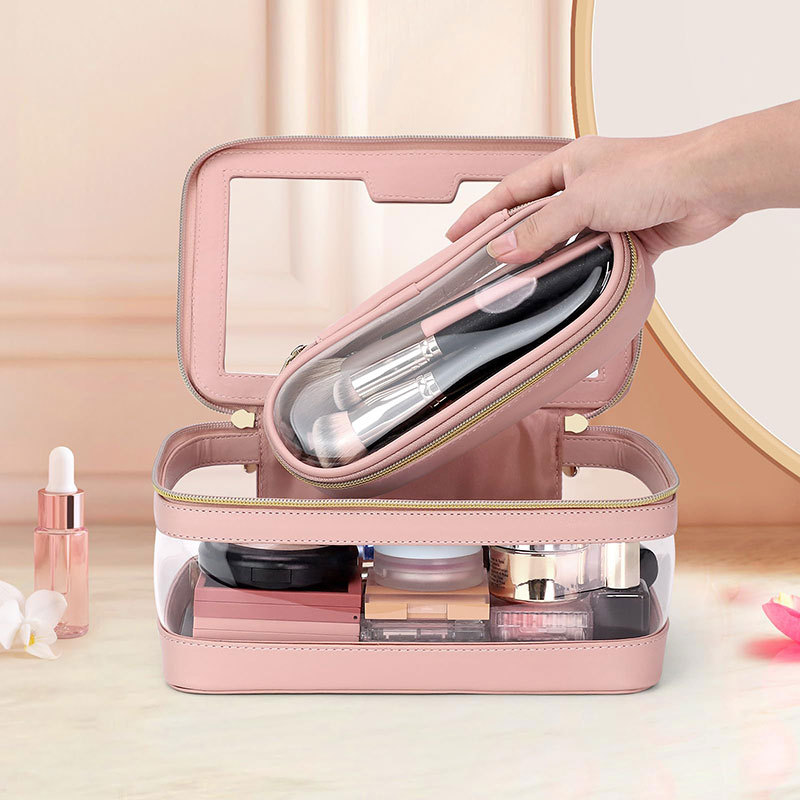 OEM Custom Logo Small for Toiletry Makeup Pouch Transparent Clear PVC Leather Material with Fashion Zipper Closure