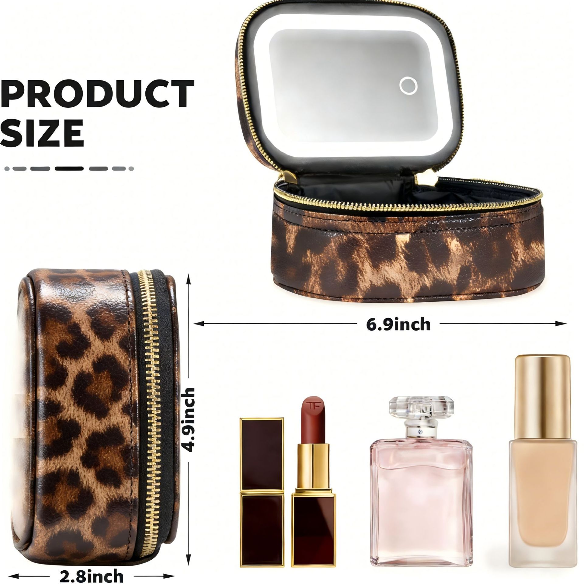 Foldable PU Leather Makeup Bag Mirror with LED Mirror and Adjustable Compartment, Portable Travel Cosmetic Bag for Girls