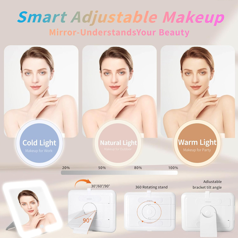 For Fashion Zipper Portable Luxury Travel Small Pu Leather Makeup Bag with LED Mirror Cosmetic for Organizer