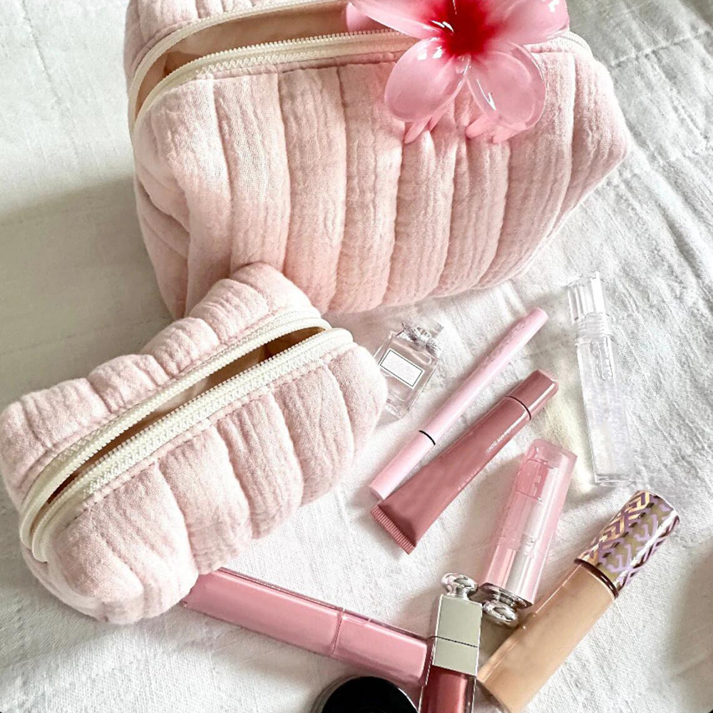 Custom Logo Quilted Cotton Large Travel Toiletry Bag Organizer Makeup Brushes Storage Cosmetic Bag for Women