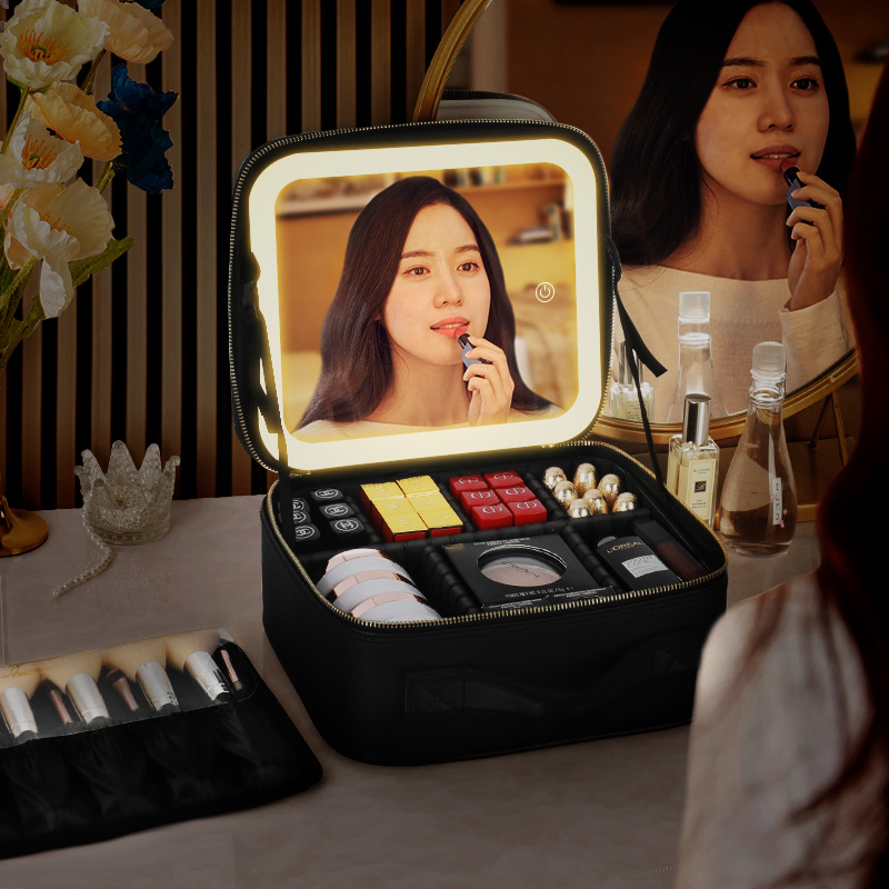 Makeup Bag with Lighted Mirror, Travel Make up Train Case with Adjustable Brightness Vanity Mirror and Detachable Adjustable Dividers Cosmetics for Women