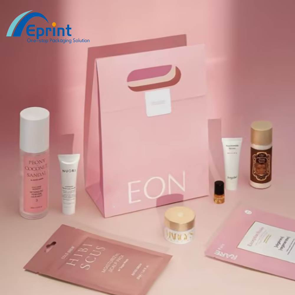 Luxury Custom Logo Fashion Die-Cut Handles Shopping Paper Bags With Sticker Pink Die Cut Handle Make Up Jewelry Packaging