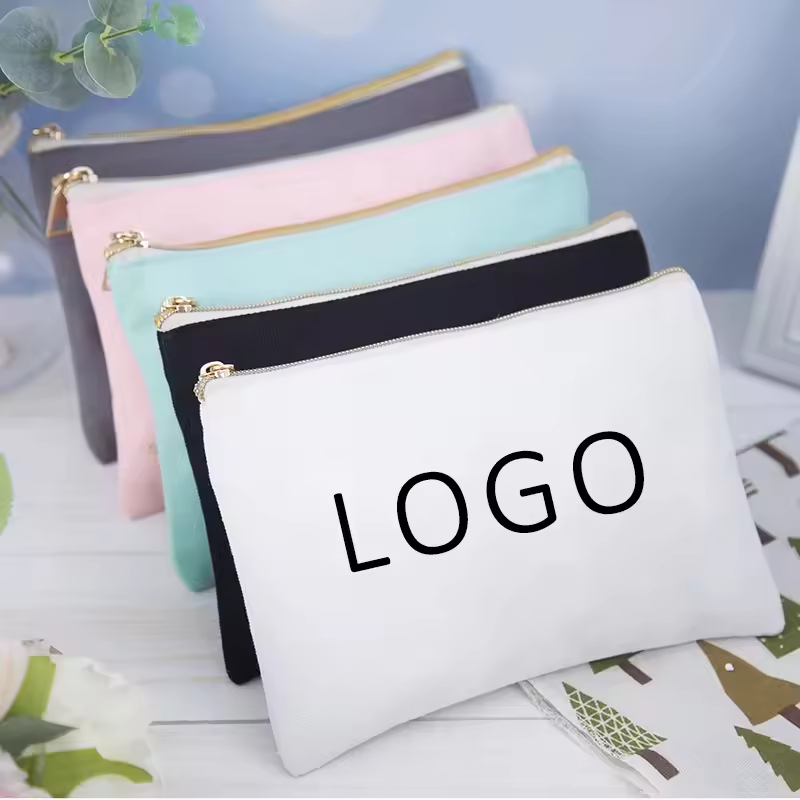 Custom Print Logo Cotton Makeup Bags Reusable Canvas Cosmetic Pouch Portable Pencil Bag With Zipper Make Up Brush Bag