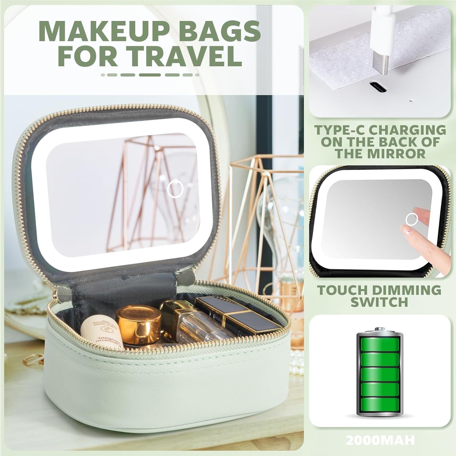 Foldable PU Leather Makeup Bag Mirror with LED Mirror and Adjustable Compartment, Portable Travel Cosmetic Bag for Girls