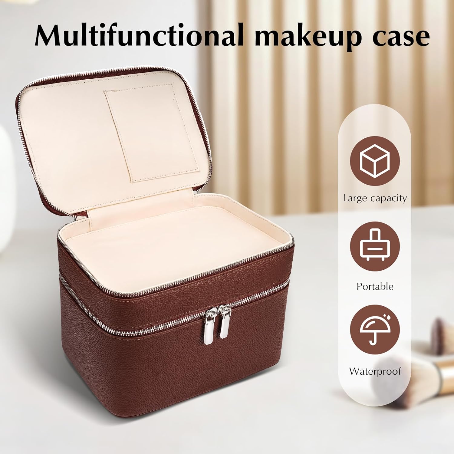 Double Layer PU Leather Makeup Case with Handle, Large Capacity Waterproof Travel Cosmetic Bag, Professional Organizer for Women