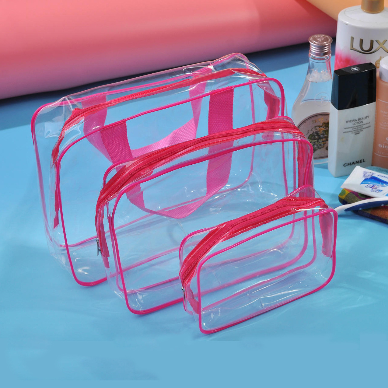 Portable Travel Toiletry Bag-Clear Cosmetic Organizer Pouch with Zipper for Makeup &amp; Skincare, Custom Logo Available