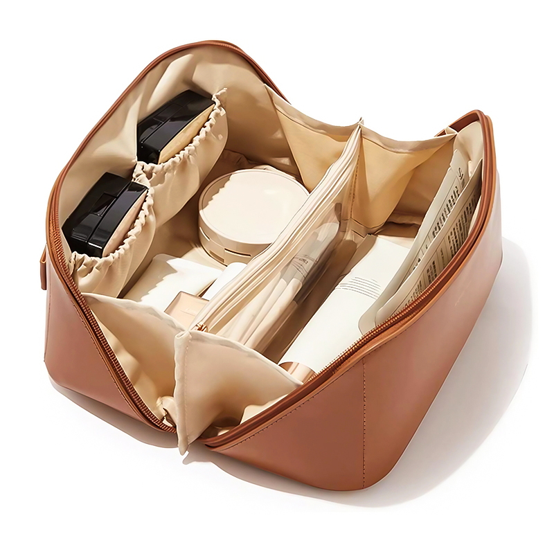 Custom Logo PU Leather Waterproof Cosmetic Bag Pouch Skincare Cosmetic Partition Storage Travel Bag Makeup Bag