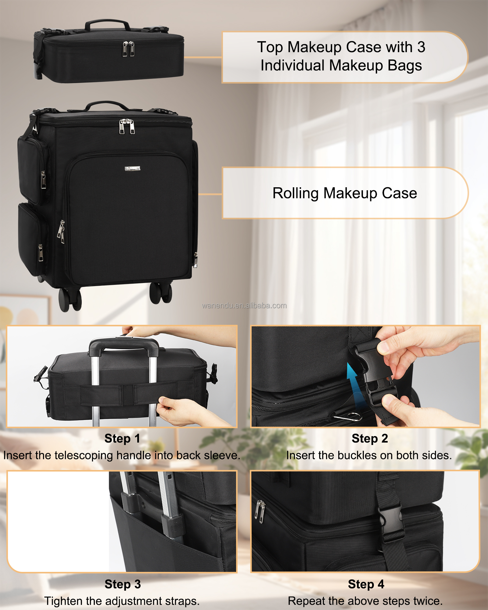 Relavel 2 in 1 Rolling Makeup Case Hairstylist Bag Makeup Artist Storage Organizer Trolley Suitcase with 360° Swivel Wheels
