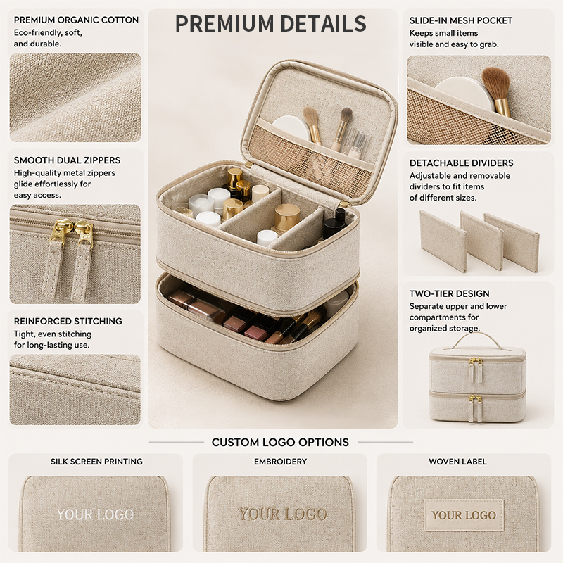 DIADIA Factory High Quality Custom Eco Friendly Beauty Vanity Cosmetic Double Layer Large Capacity Soft Handle Waterproof Bag