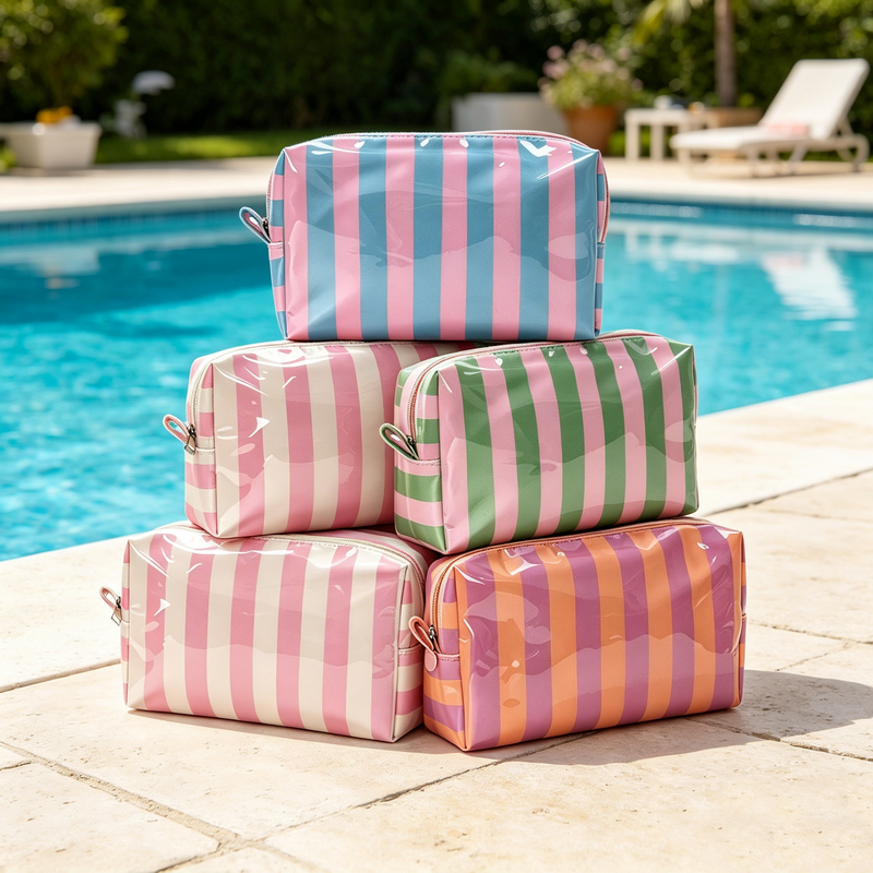 Clear Stripe Makeup Bag Waterproof PVC Toiletry Organizer Travel Cosmetic Pouch Large Capacity Vanity Case for Women Girls