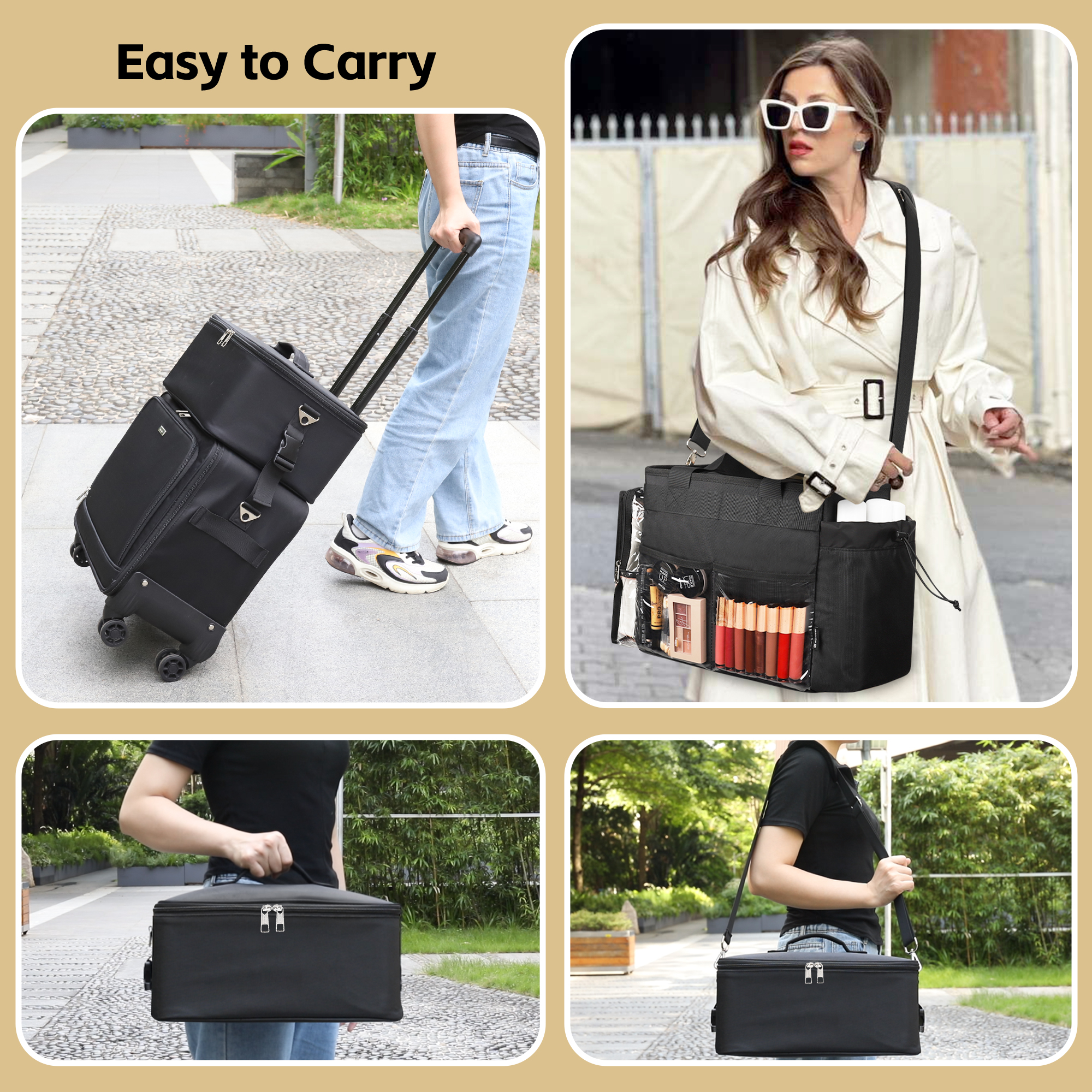 The Relevel Large-capacity Trolley Makeup case Comes with One Large Transparent Makeup Bag and Six Small Makeup Pouches.