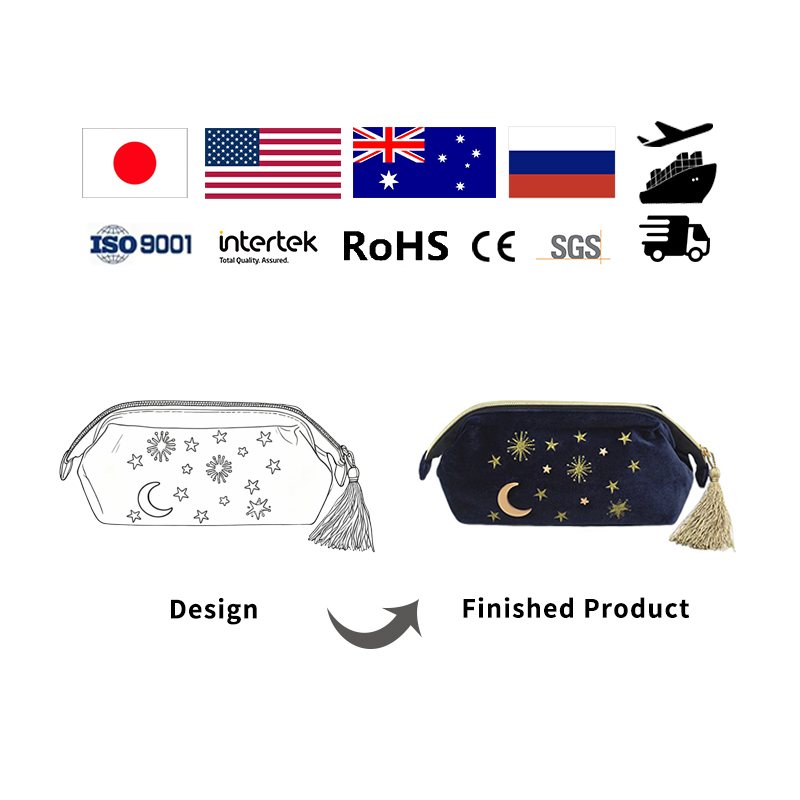 Factory Custom Eco-Friendly Velvet Lady Makeup Bag with Zipper Closure Embroidered Tassels Moon Stars Organizer