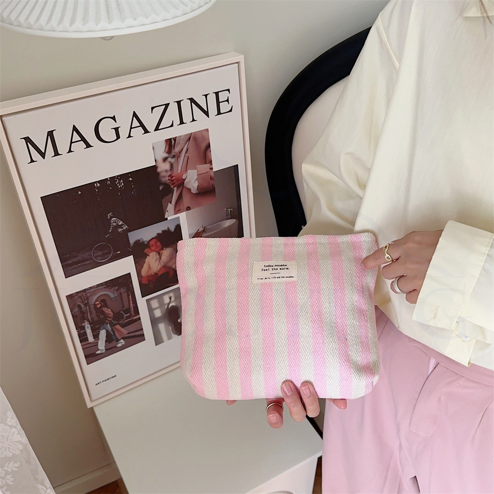 Custom Logo Large Personalized Canvas Striped Herringbone Cotton Makeup Bags Luxury Travel Cosmetics Pouch Bags For Women