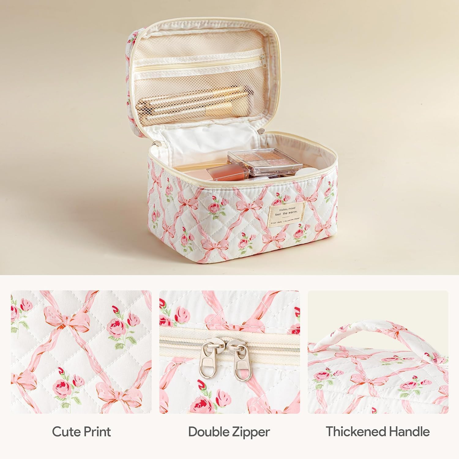 Quilted Cosmetic Bag Set of Three Customizable Large Capacity Portable Makeup Organizer Trendy for Teen Girls Travel Use