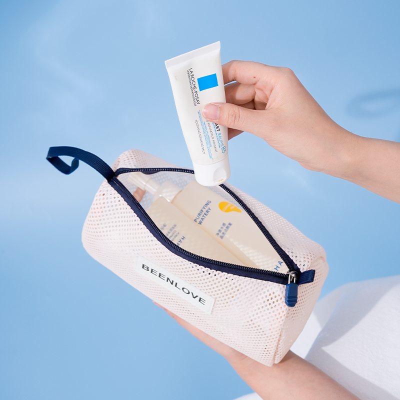 Reusable Water Resistant Mesh Zipper Bag Travel Makeup Cosmetic Bag Eco-Friendly Portable Letter Pattern Fashion
