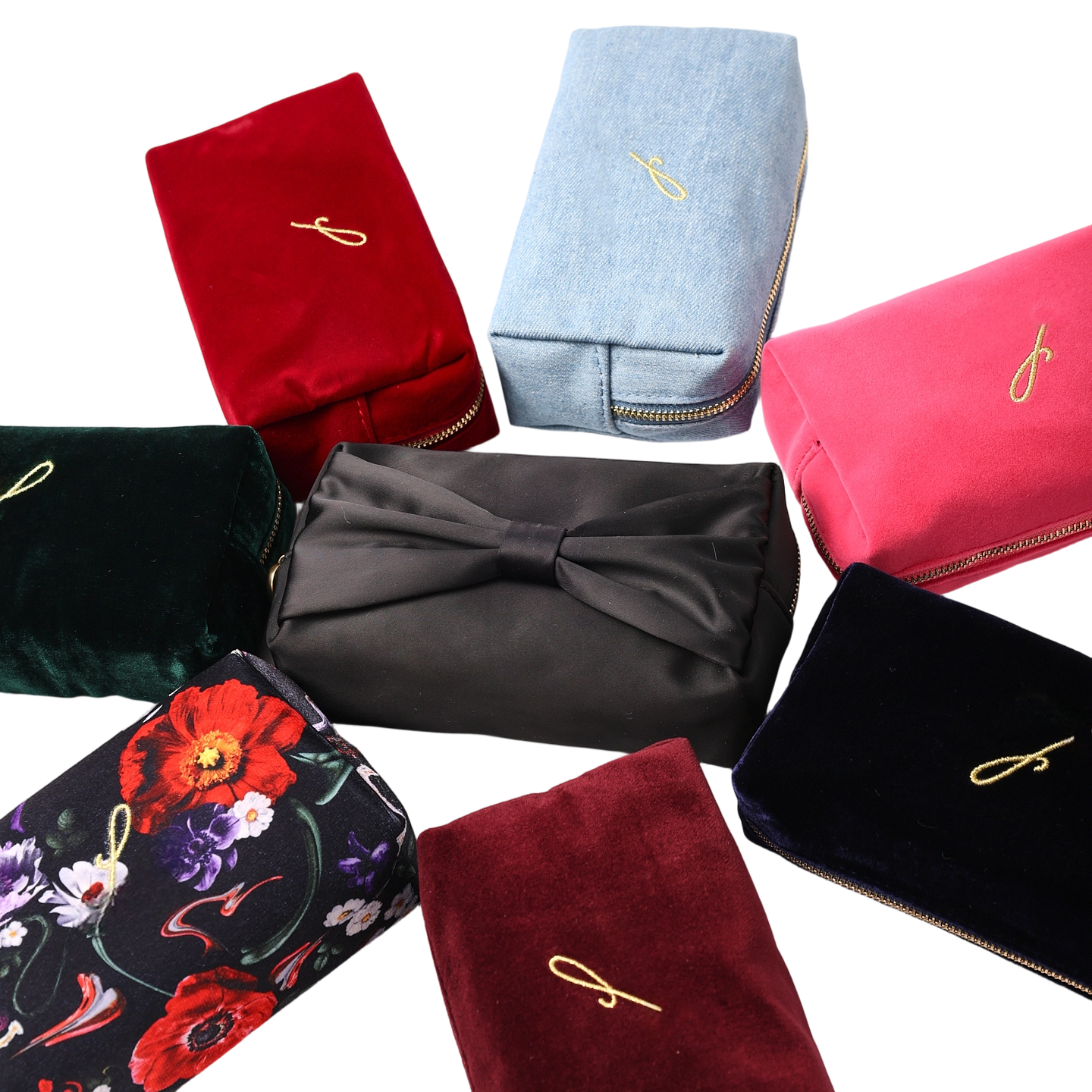 Custom Made Luxury Wine Red Velvet Rectangular Cosmetic Bag Make Up Pouch Makeup Beauty Case With Gold Embroidery Logo