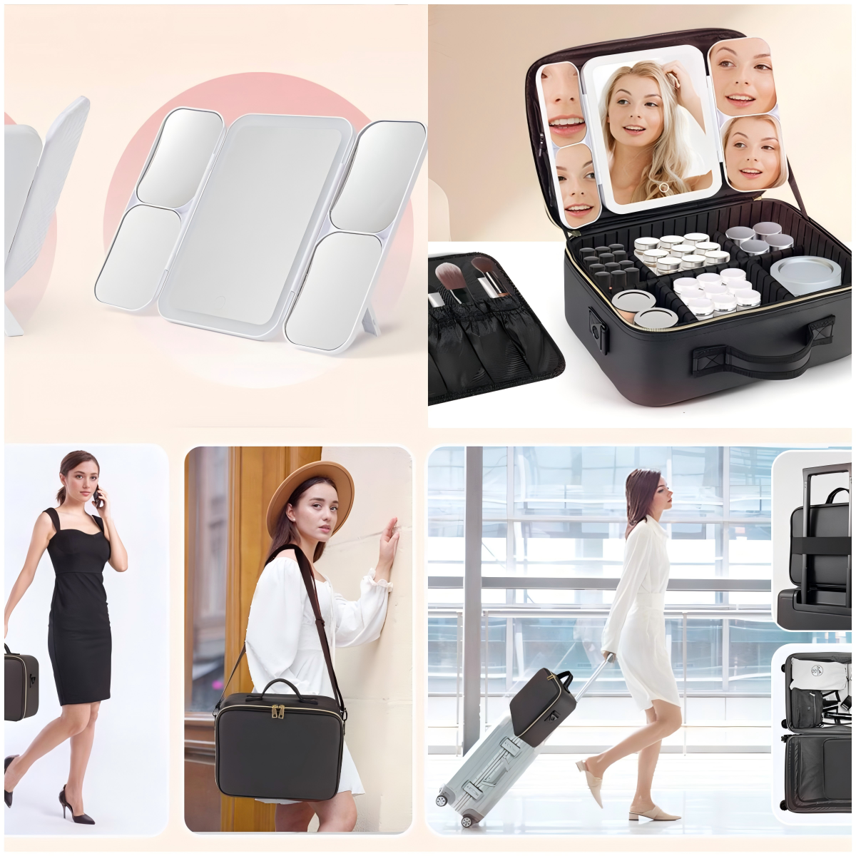 Professional Artist Barber Train Case Adjustable Compartment Lighted LED Zipper Closure Cosmetic Makeup Bag PU Waterproof Large