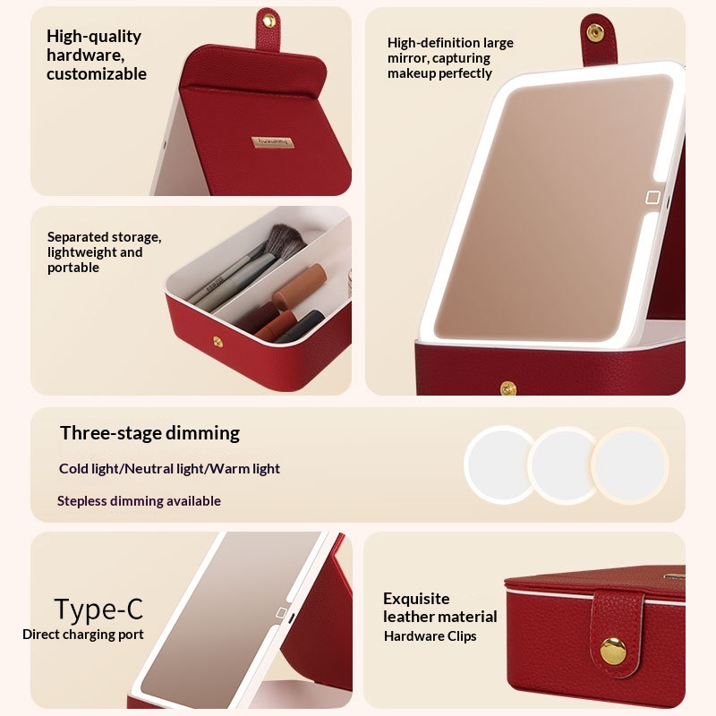 Mini Portable Foldable Makeup Case LED Lighted Single-Sided Mirror Compact Cosmetic Storage Bag For Purse Travel Quick Makeup