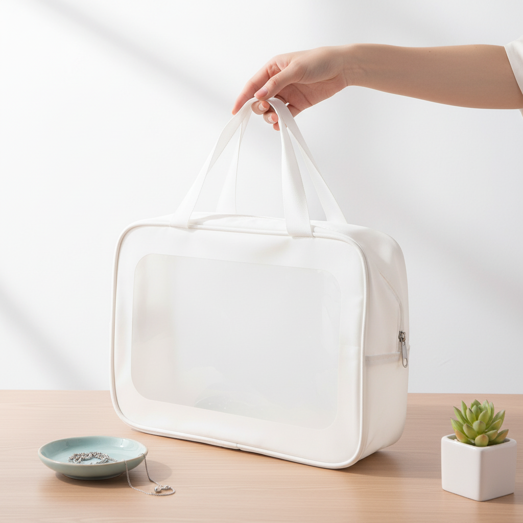 Custom Clear PVC Window PU Cosmetic Bags Portable Handheld Zipper Wash Bag Travel Toiletry Organizer for Business Vacation Trip