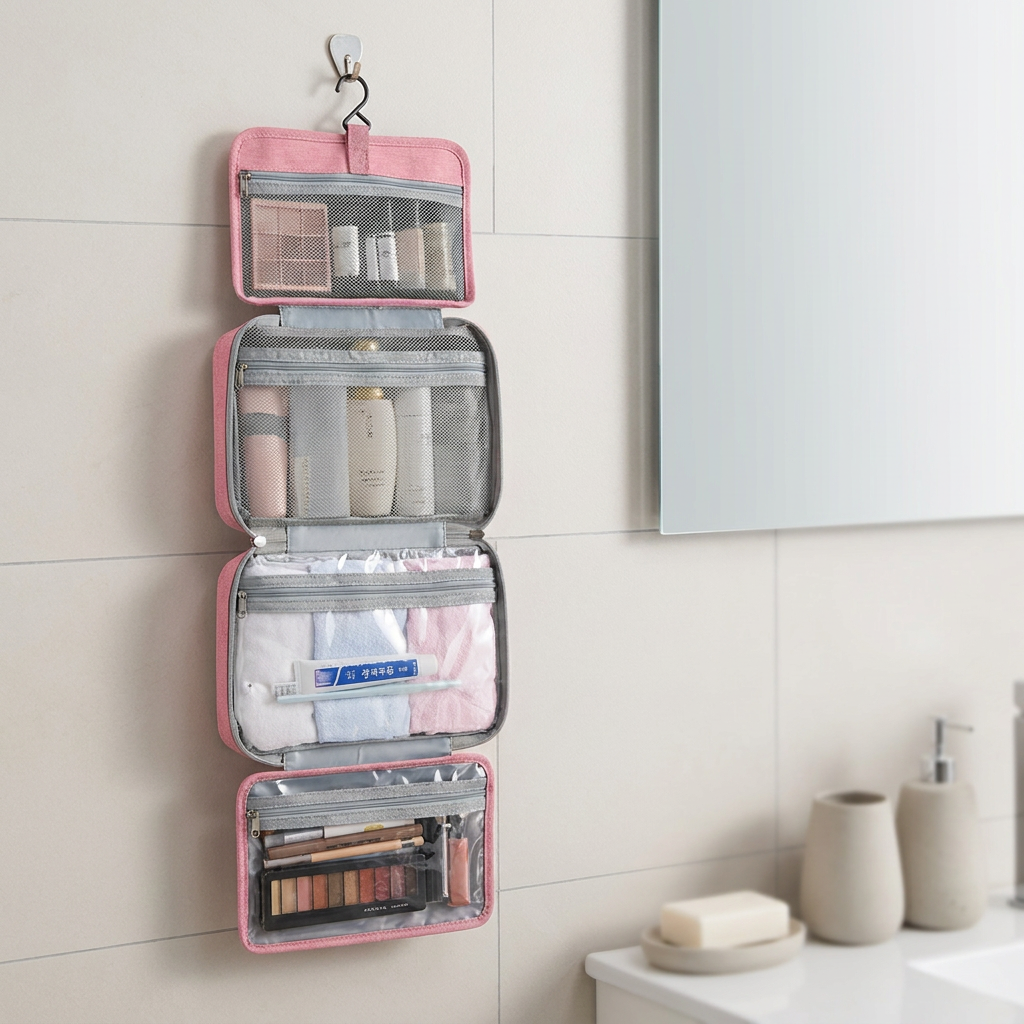 Dry and Wet Separation Makeup Toiletry Bag 4 Folding Travel Cosmetic Bag Organizer Hanging Travel Cosmetic Bag for Full-Size Kit