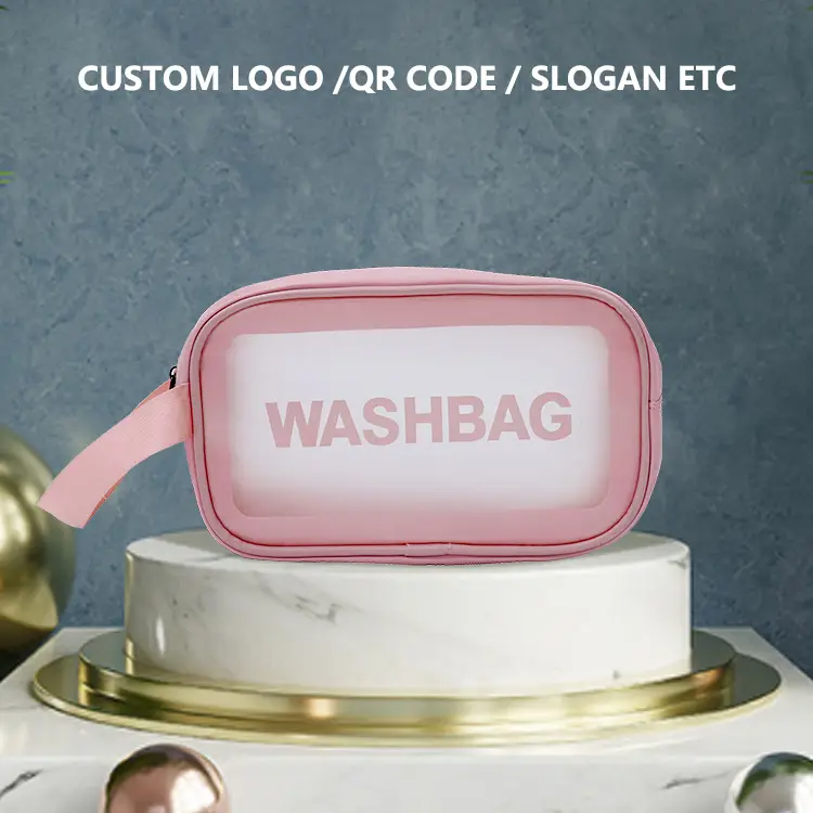 Custom Printing Logo Pink PVC Cosmetic Bag Custom Color Transparent Frosted Travel PVC Makeup Bag