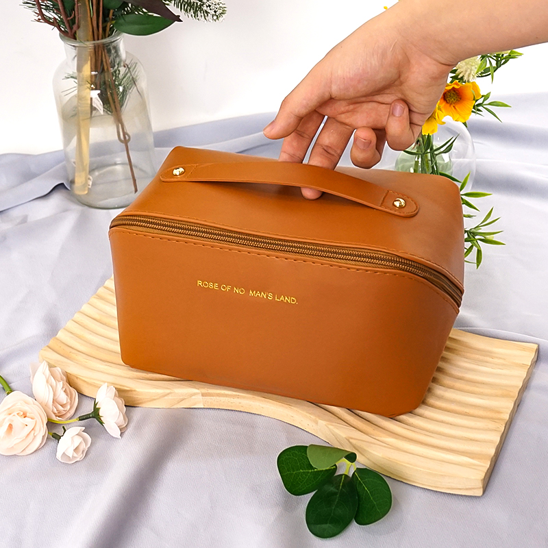 Wholesale Custom Logo Professional Luxury Large Capacity Lady Pu Leather Cosmetic Handled Makeup Bag