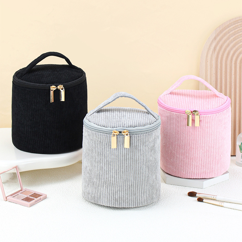 Promotional Cheap Price Women Beauty Accessories Storage Bag Zipper Closure Bucket Shape Corduroy Cosmetic Bag for Lady Makeup