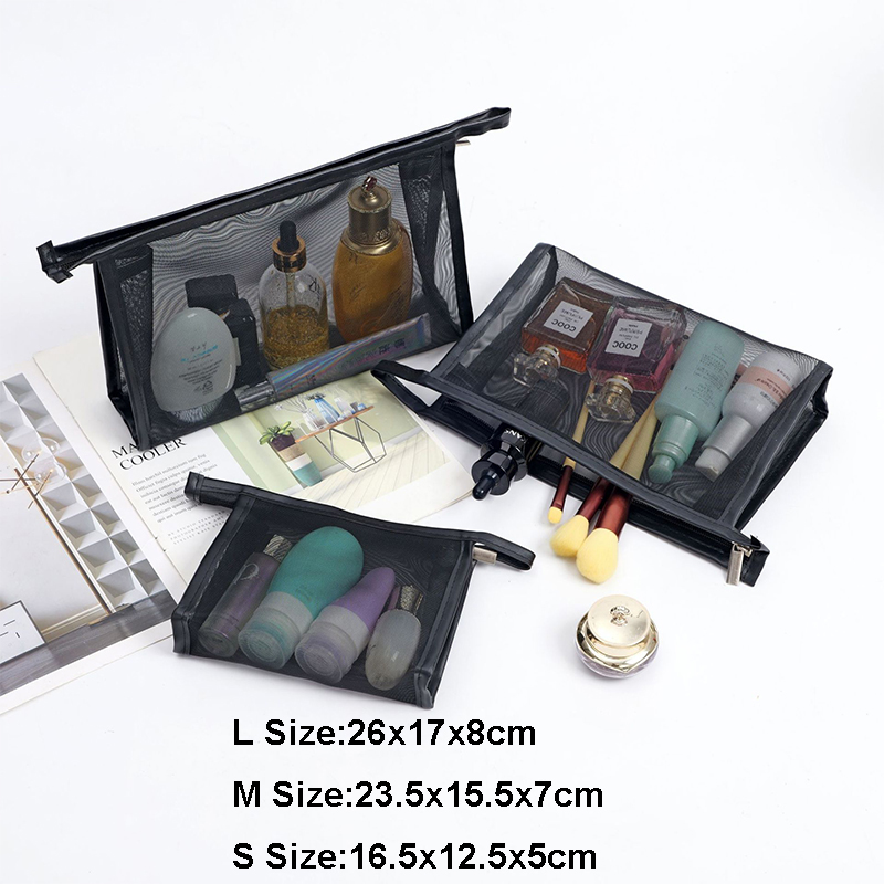 Luxury Black Nylon Mesh Cosmetic Zipper Bag Large Capacity Custom Logo Makeup Travel Set Kits