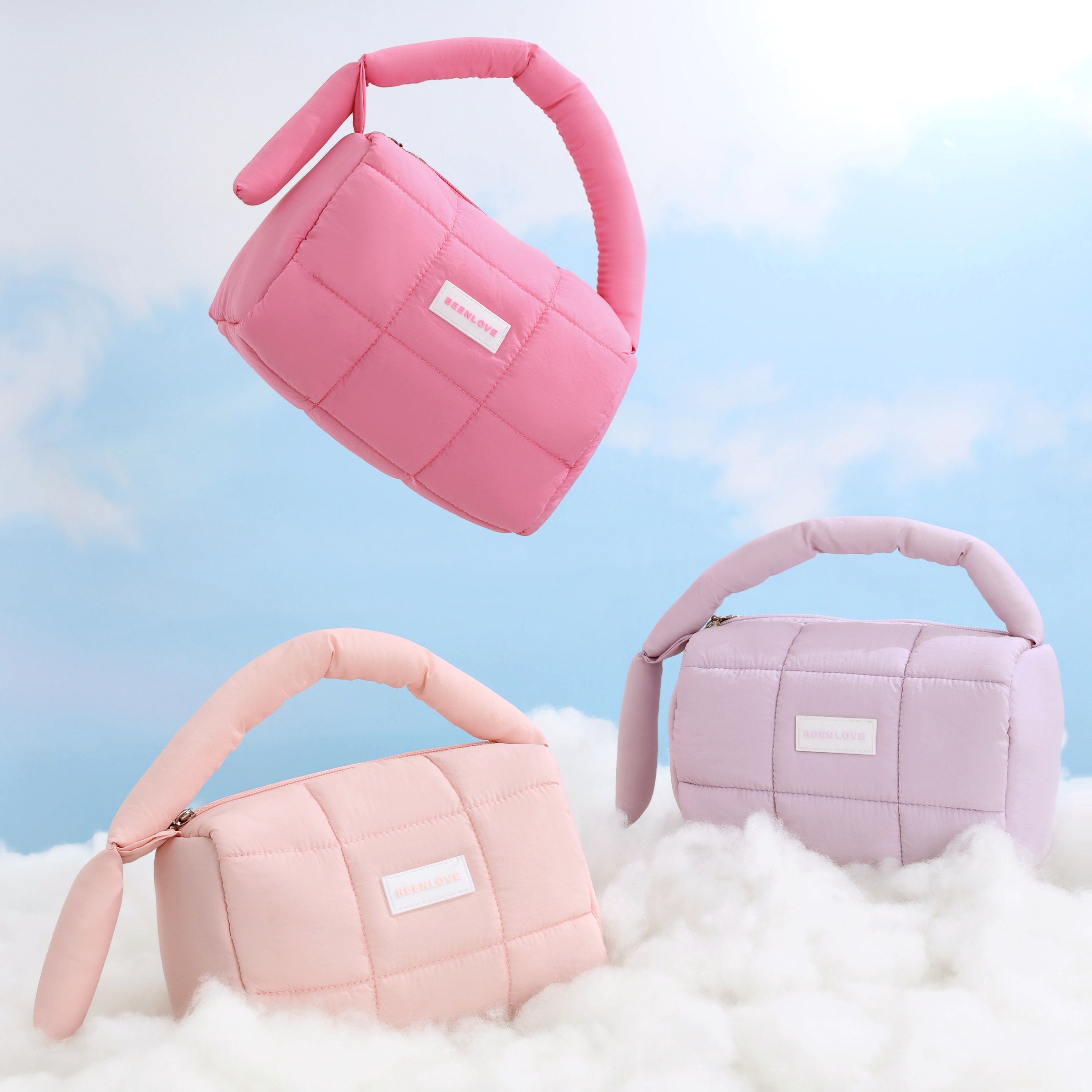 Custom Unisex Luxury Quilted Puffy Nylon Makeup Bag Zipper Closure Cosmetic Cosmetric Portable Outdoor Travel Tote Handbag