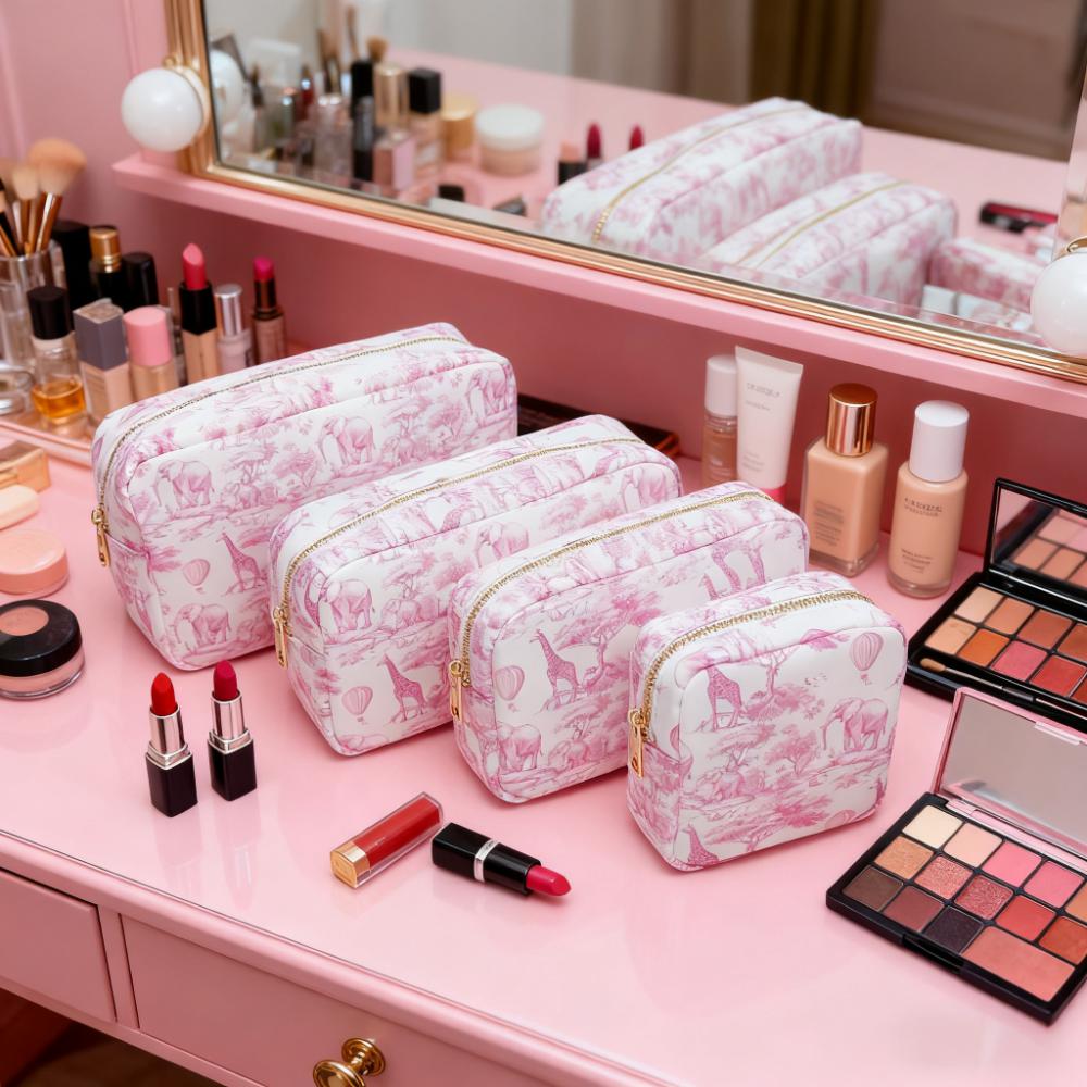 Keymay Fast Ship Blue Pink Animal Printing Travel Makeup Kit Bag Nylon Cosmetic Bags Waterproof Ladies Zipper Toile Print Pouch