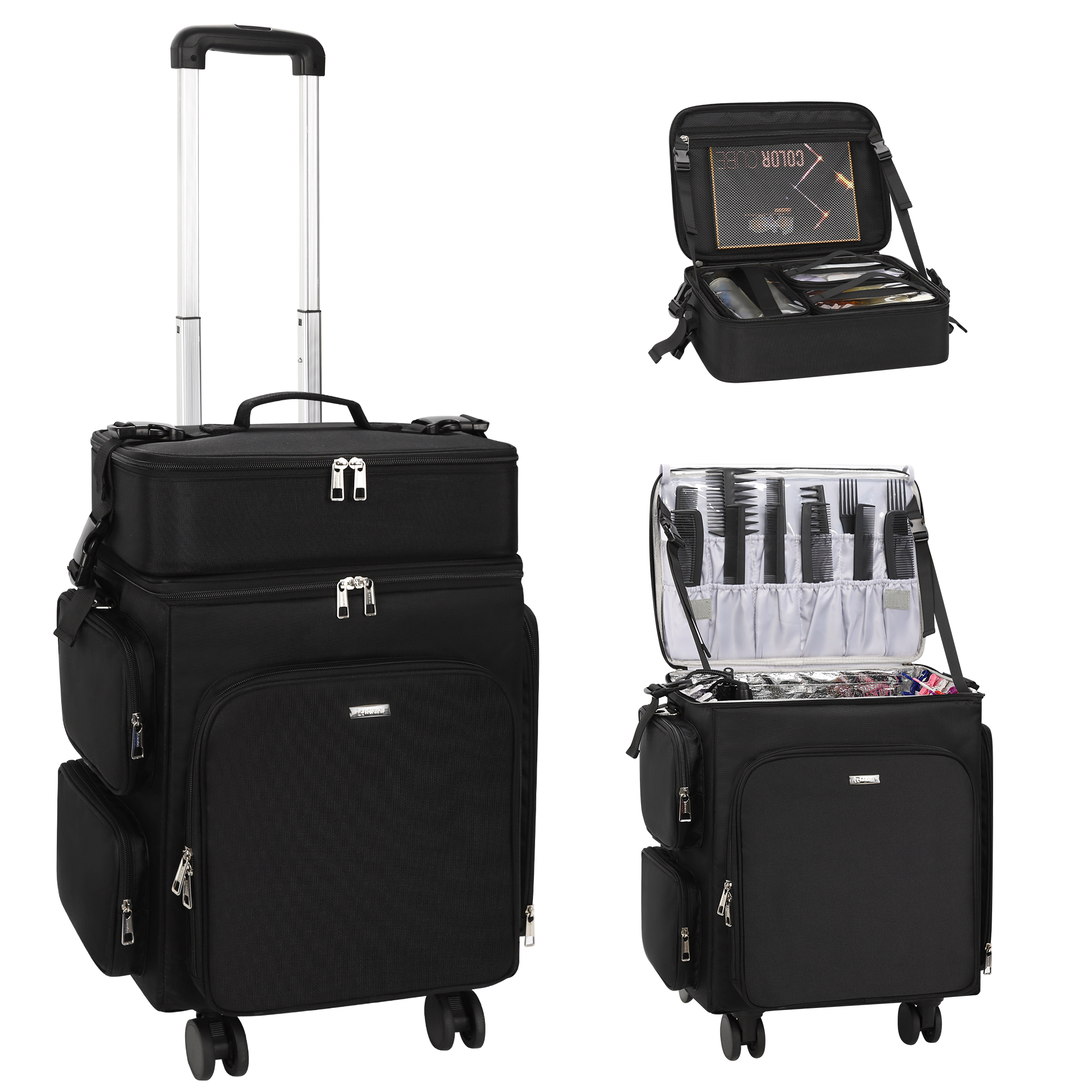 Relavel 2 in 1 Rolling Makeup Case Hairstylist Bag Makeup Artist Storage Organizer Trolley Suitcase with 360&deg; Swivel Wheels