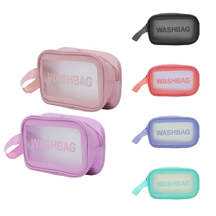 Custom Printing Logo Pink PVC Cosmetic Bag Custom Color Transparent Frosted Travel PVC Makeup Bag