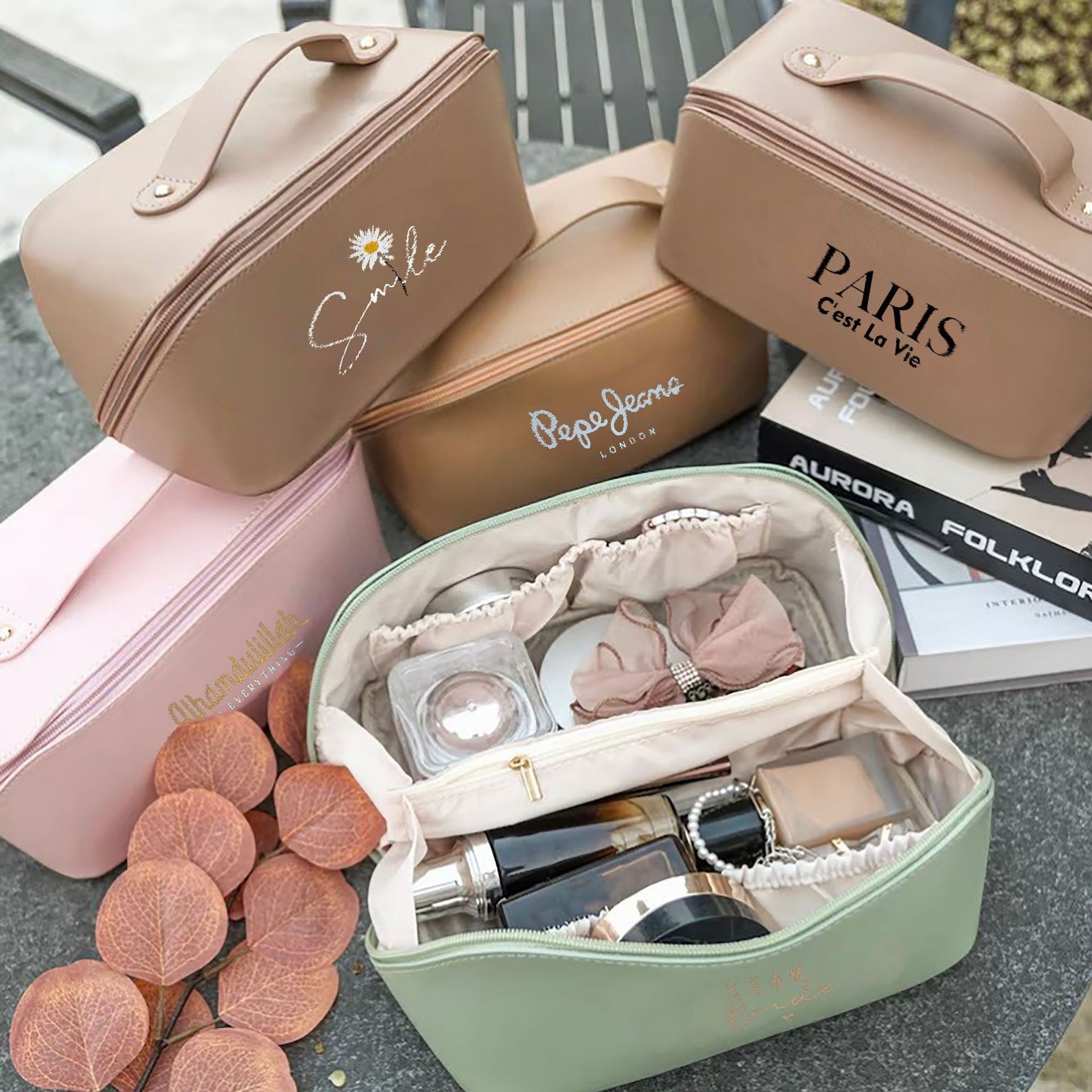 Women's Waterproof PU Zipper Makeup Bag-Portable Large-Capacity Travel For Organizer Ultra-Lightweight &amp; Foldable