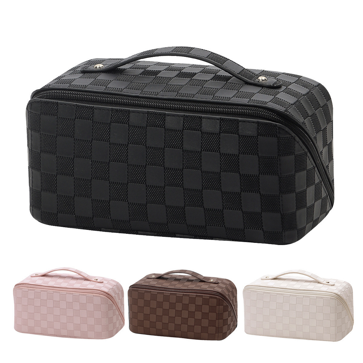 Fashionable Large Capacity Travel Portable Cosmetic Bag with Zipper Simple Checkerboard PU Waterproof Makeup Bag