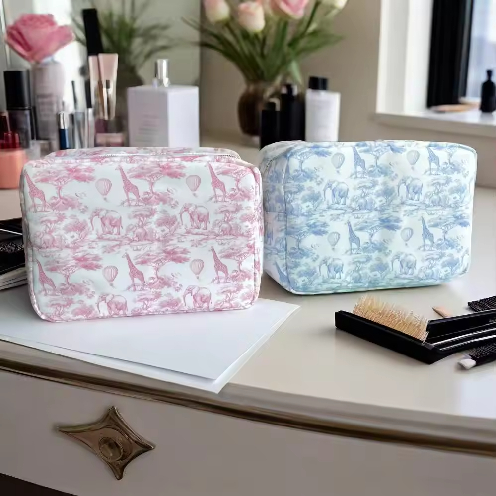 Keymay Fast Ship Blue Pink Animal Printing Travel Makeup Kit Bag Nylon Cosmetic Bags Waterproof Ladies Zipper Toile Print Pouch